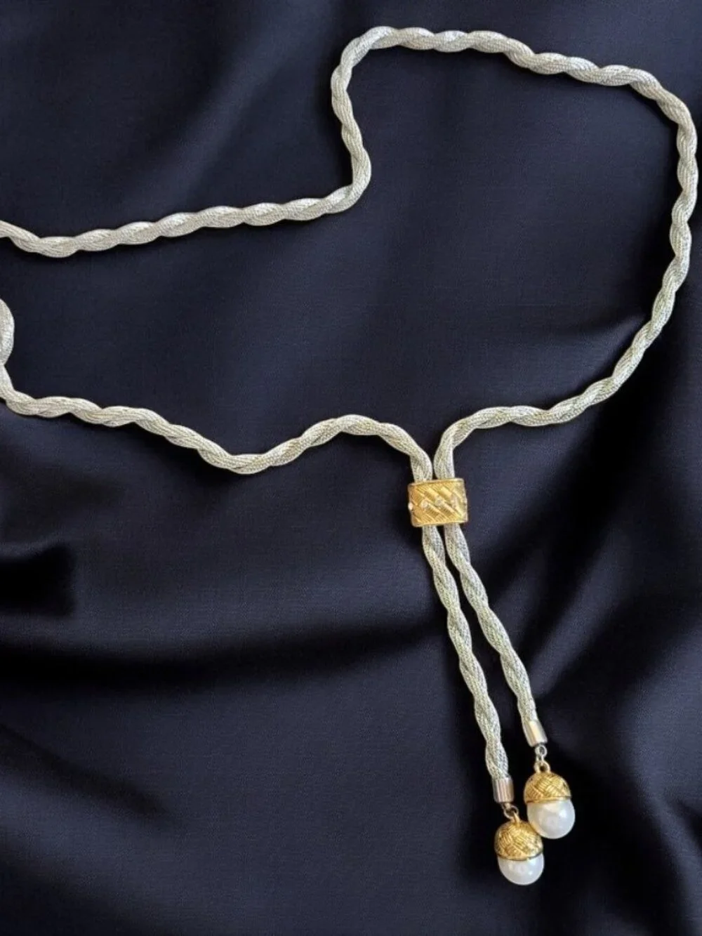 Silvertone Twisted Rope with Gold and Rhinestone Accents Lariat Necklace